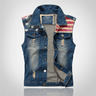Retro Patriotic Distressed Denim Vest