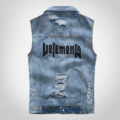 Printed Blue Ripped Denim Vest