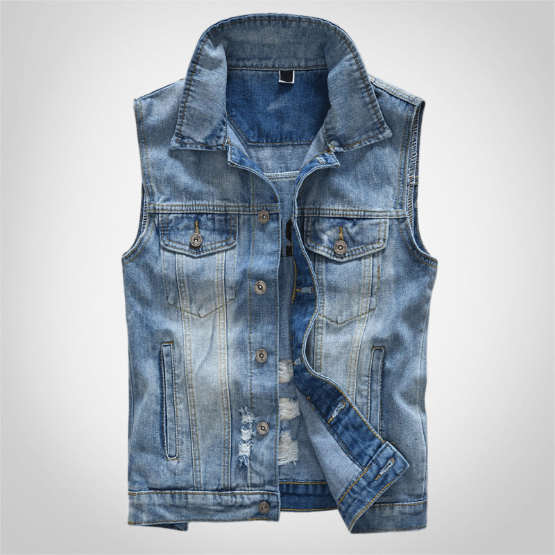 Printed Blue Ripped Denim Vest