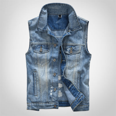 Printed Blue Ripped Denim Vest