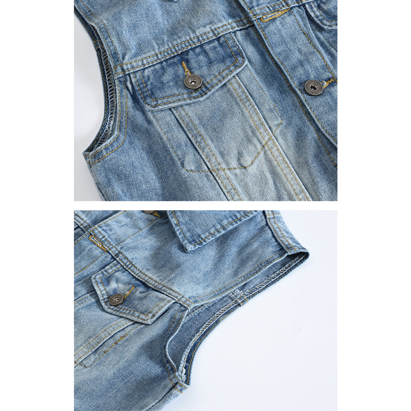 Printed Blue Ripped Denim Vest