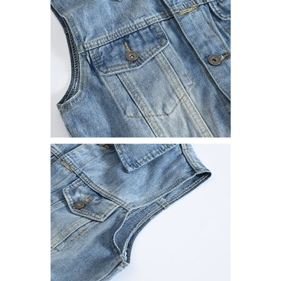 Printed Blue Ripped Denim Vest