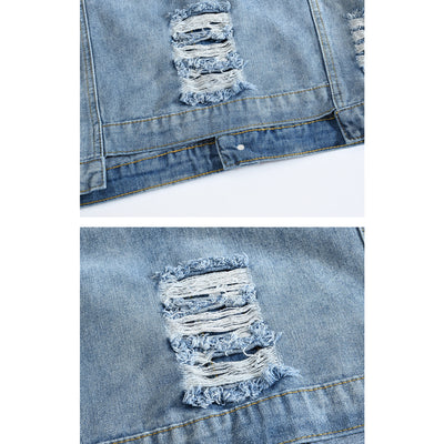 Printed Blue Ripped Denim Vest