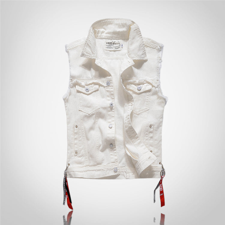 White Denim Vest With Ribbons