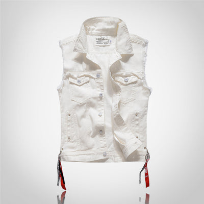 White Denim Vest With Ribbons