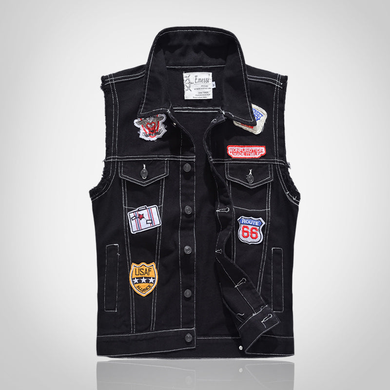 Black Embroidered Patch Denim Vest