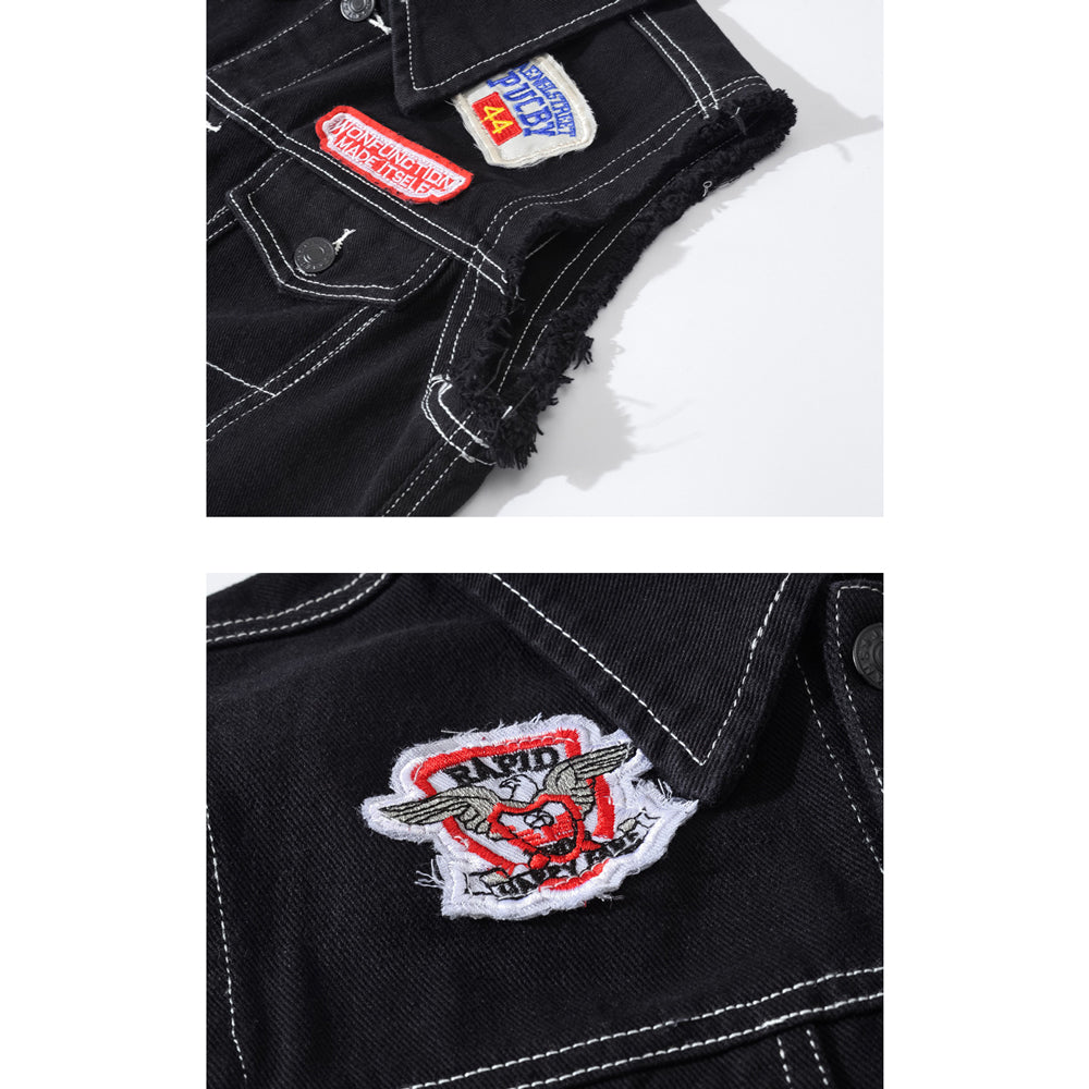 Black Embroidered Patch Denim Vest