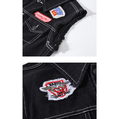 Black Embroidered Patch Denim Vest