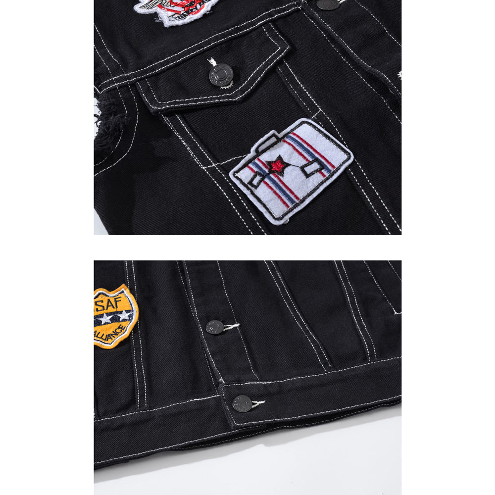 Black Embroidered Patch Denim Vest