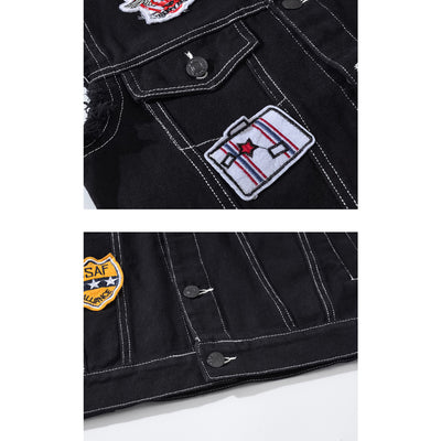 Black Embroidered Patch Denim Vest