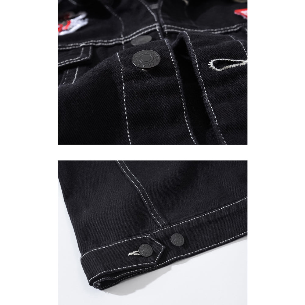 Black Embroidered Patch Denim Vest