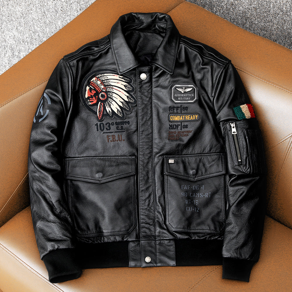 Men's Embroidered Bomber Flight Genuine Cowhide Leather Jacket