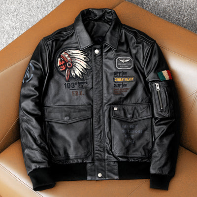 Men's Embroidered Bomber Flight Genuine Cowhide Leather Jacket