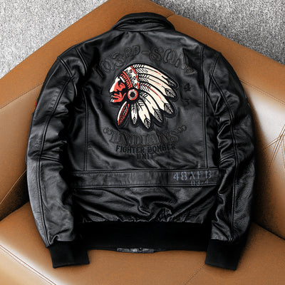 Men's Embroidered Bomber Flight Genuine Cowhide Leather Jacket