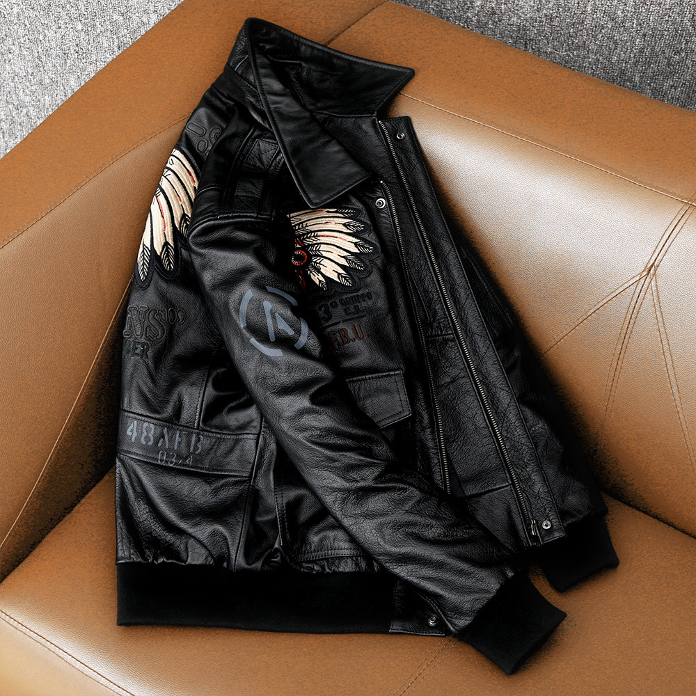 Men's Embroidered Bomber Flight Genuine Cowhide Leather Jacket