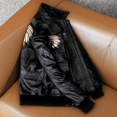 Men's Embroidered Bomber Flight Genuine Cowhide Leather Jacket