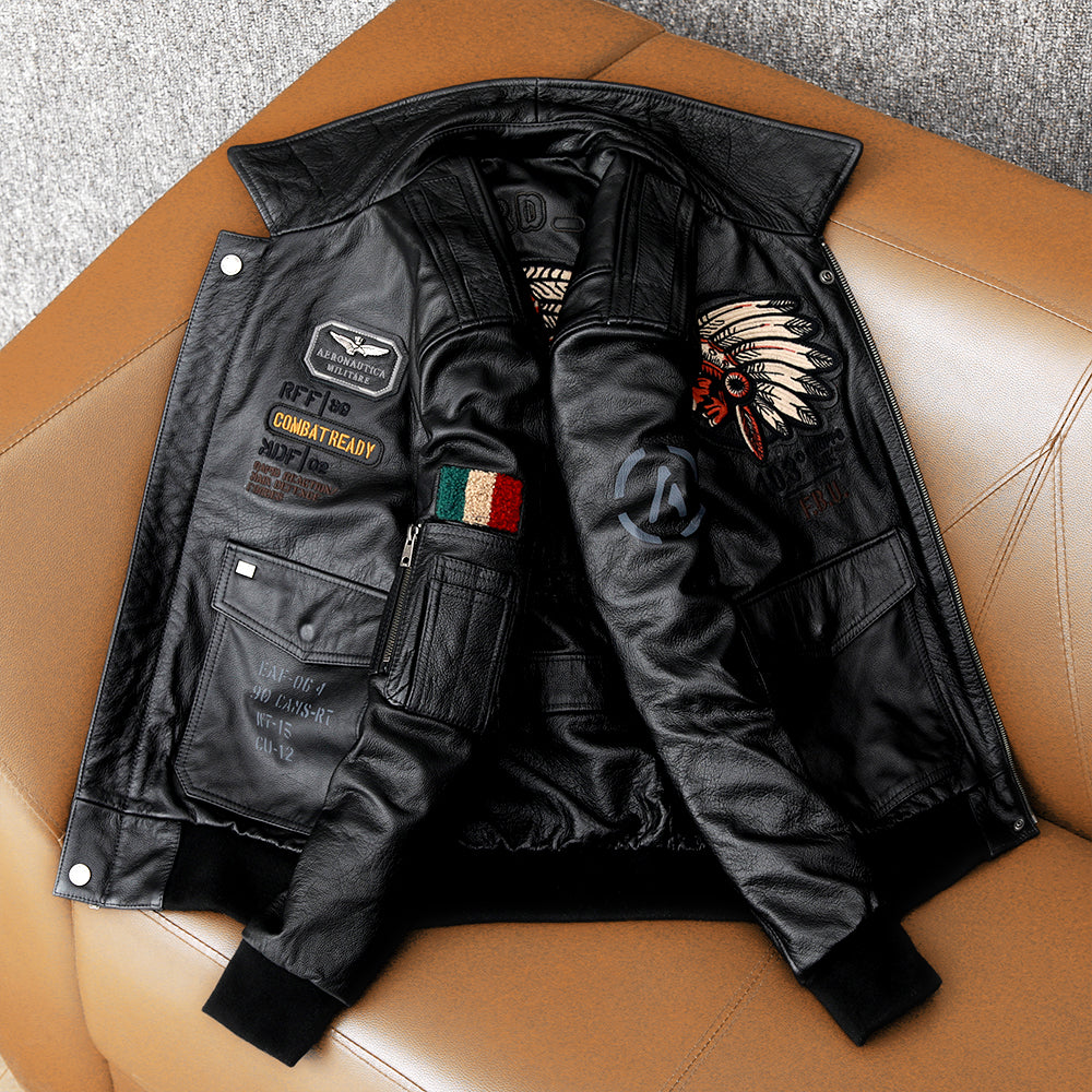 Men's Embroidered Bomber Flight Genuine Cowhide Leather Jacket