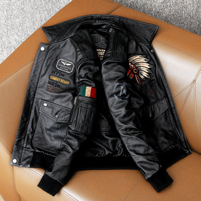Men's Embroidered Bomber Flight Genuine Cowhide Leather Jacket