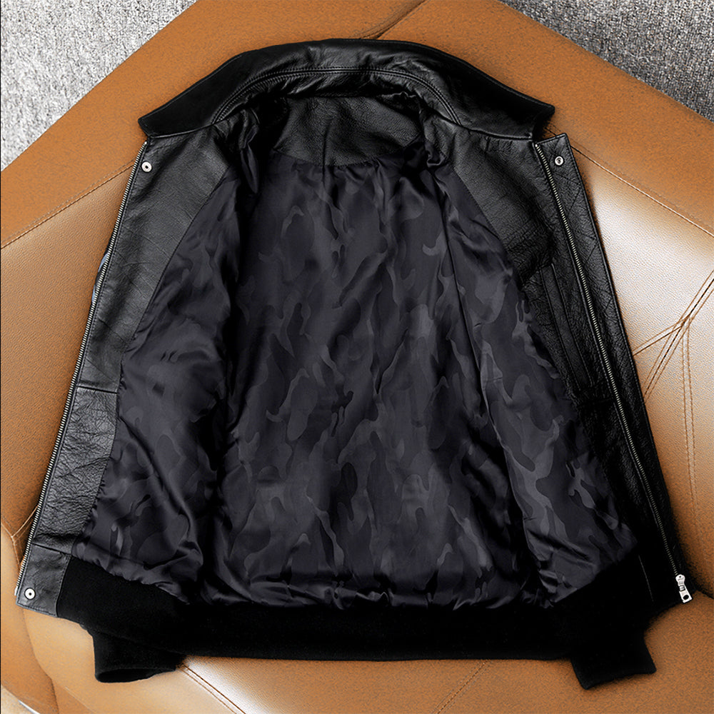 Men's Embroidered Bomber Flight Genuine Cowhide Leather Jacket