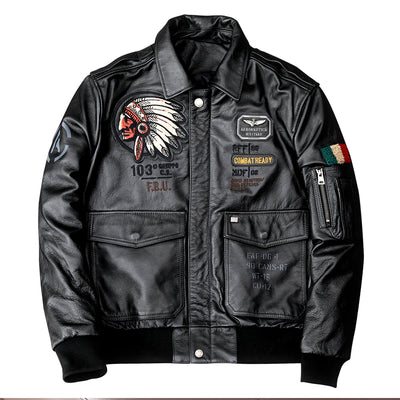 Men's Embroidered Bomber Flight Genuine Cowhide Leather Jacket