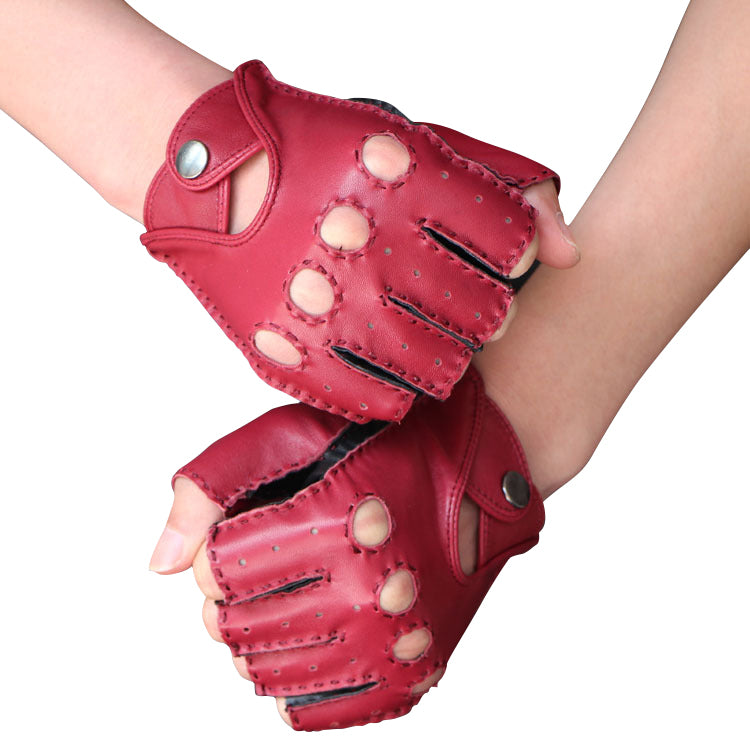 Red Fingerless Genuine Leather Gloves