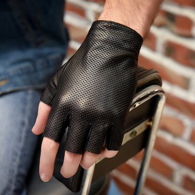 Mesh Hollow Fingerless Genuine Leather Gloves
