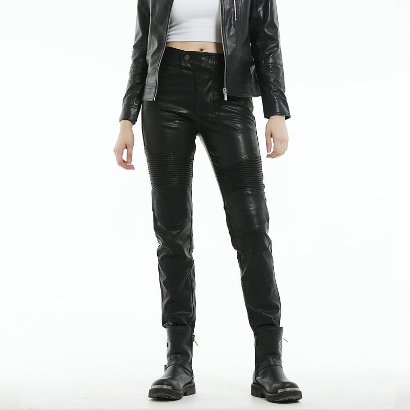 Winter Warm Windproof Women Fleece-Lined Leather Pants