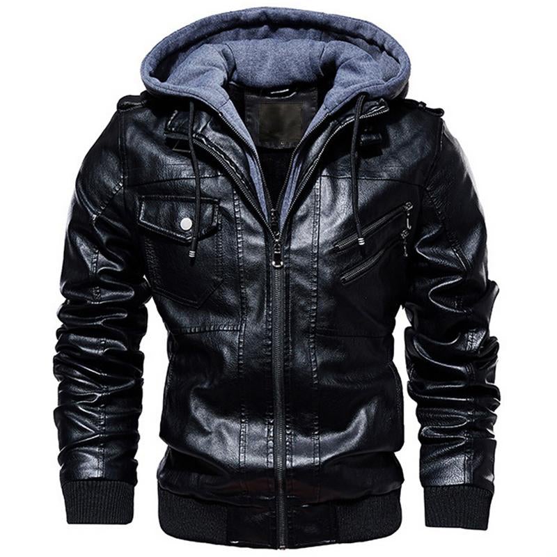 Motorcycle Zip-Front Leather Jacket with Hood - Best Seller