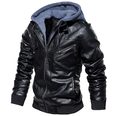 Motorcycle Zip-Front Leather Jacket with Hood - Best Seller