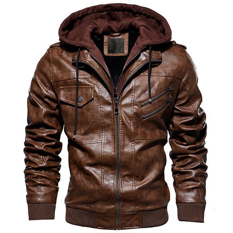 Motorcycle Zip-Front Leather Jacket with Hood - Best Seller