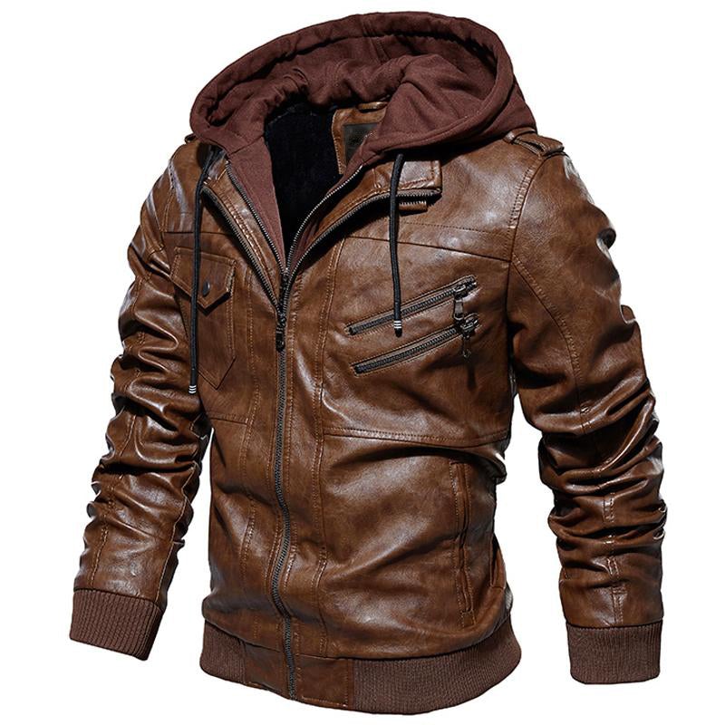 Motorcycle Zip-Front Leather Jacket with Hood - Best Seller