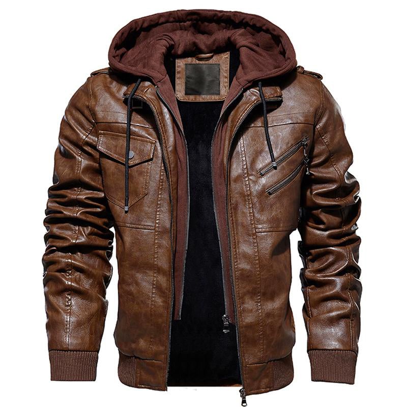 Motorcycle Zip-Front Leather Jacket with Hood - Best Seller