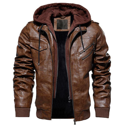 Motorcycle Zip-Front Leather Jacket with Hood - Best Seller