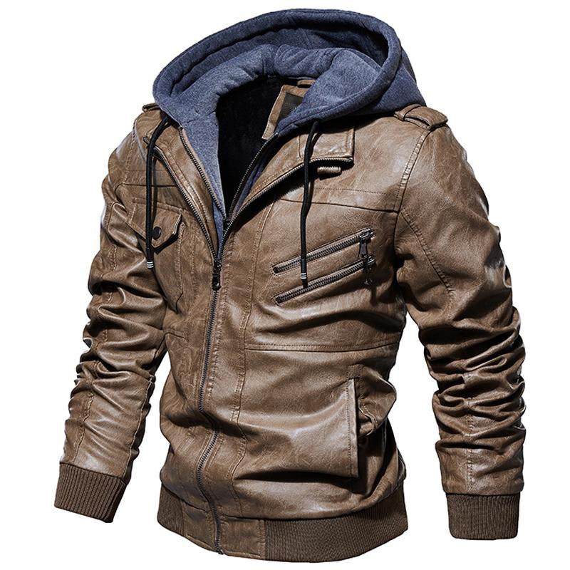 Motorcycle Zip-Front Leather Jacket with Hood - Best Seller