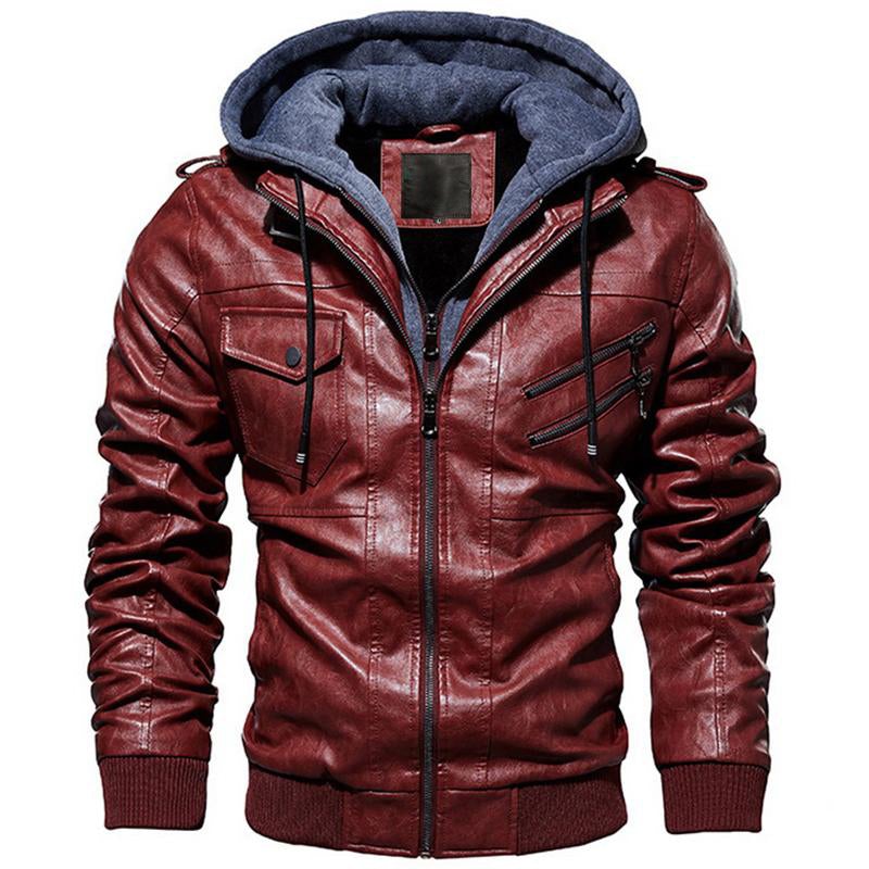 Motorcycle Zip-Front Leather Jacket with Hood - Best Seller