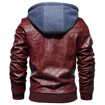 Motorcycle Zip-Front Leather Jacket with Hood - Best Seller