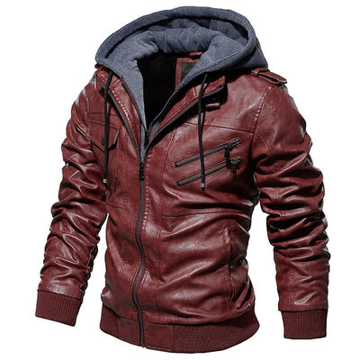 Motorcycle Zip-Front Leather Jacket with Hood - Best Seller